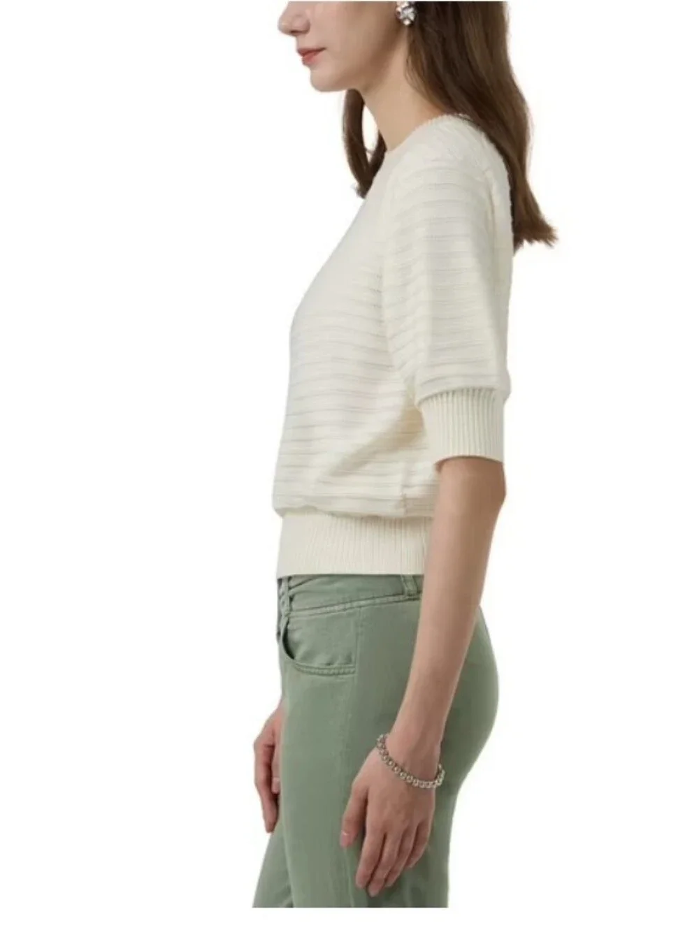 Frye Women's Short Sleeve Ribbed Cream Colored Sweater NWT Large - Picture 2 of 8